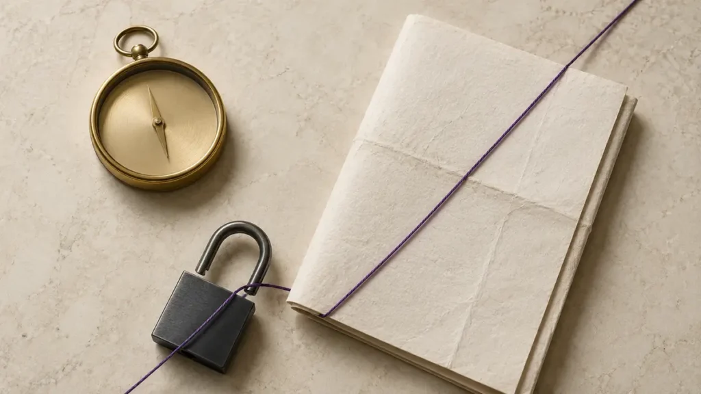 A compass, open padlock and purple-thread route rest on a blank folded map.