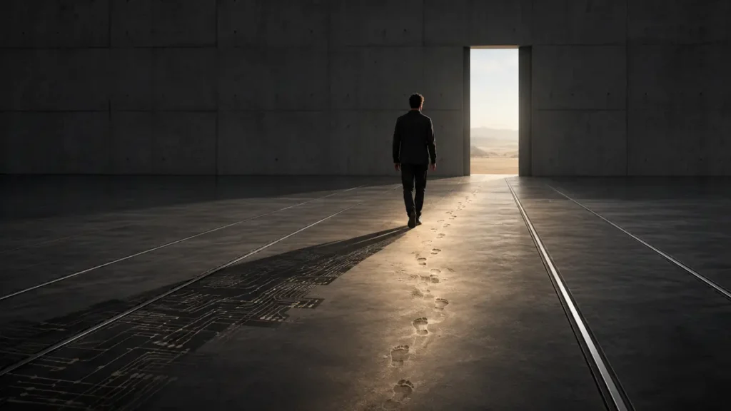 A lone person steps from rigid metal tracks onto a warm path marked by their own footprints.