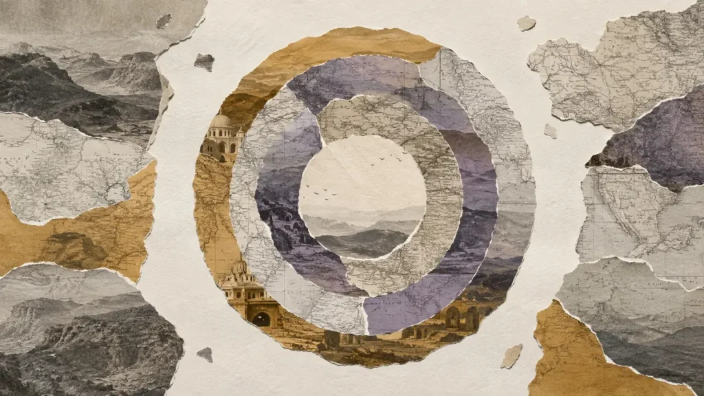 Torn archival maps reform into overlapping rings, suggesting a shared civilizational view.