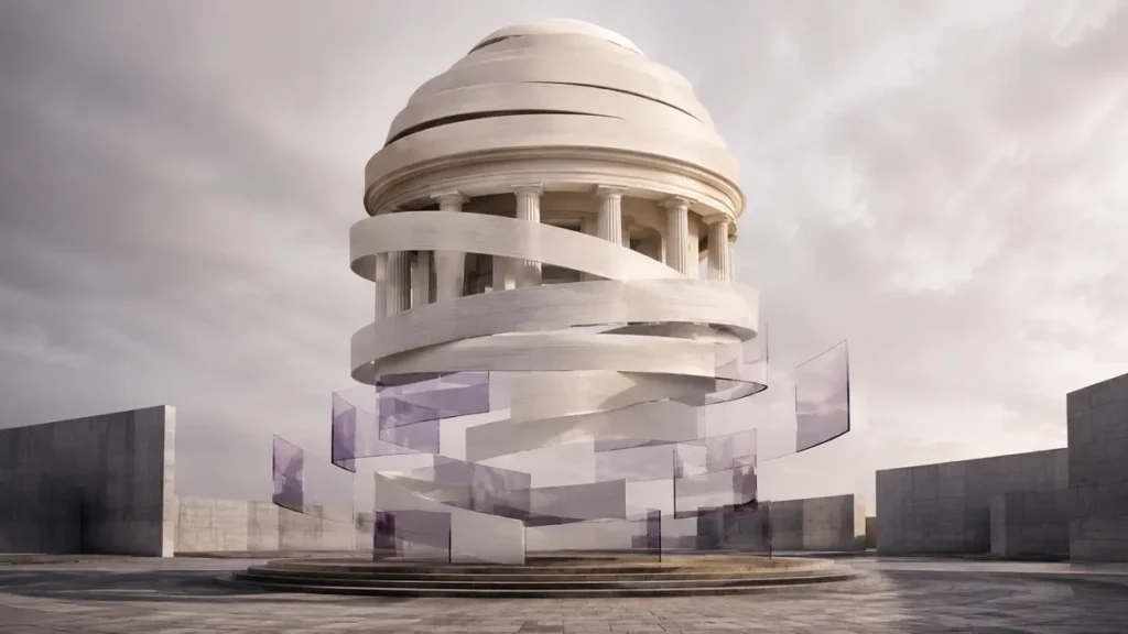 A paper civic rotunda unravels into separate floating glass panes.