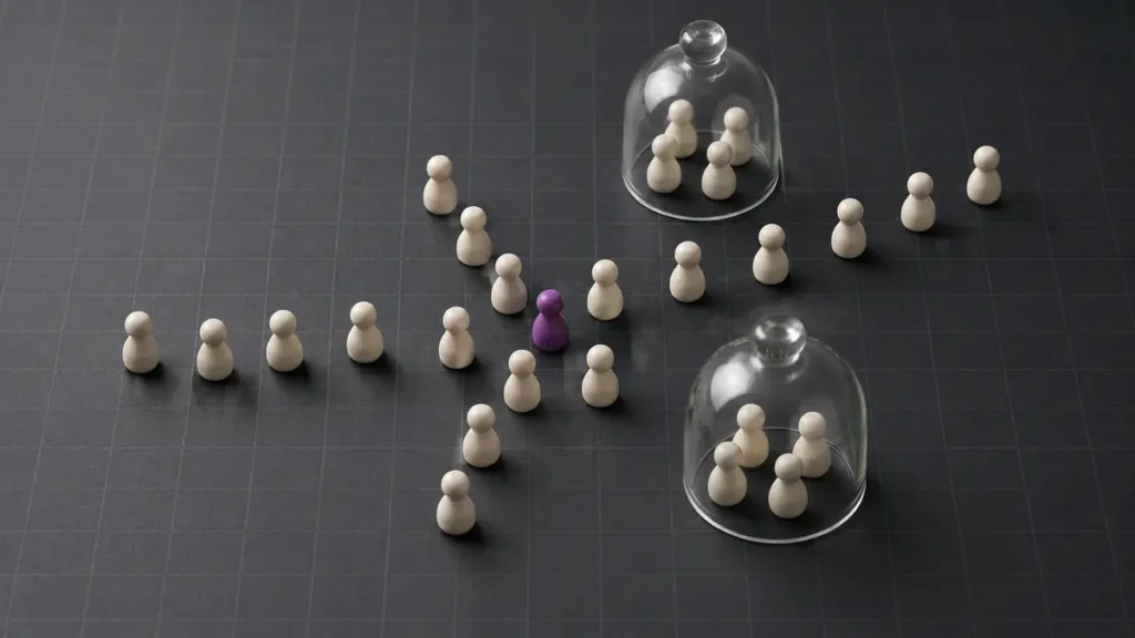 Ivory population tokens spread from one purple figure while glass covers isolate two groups.