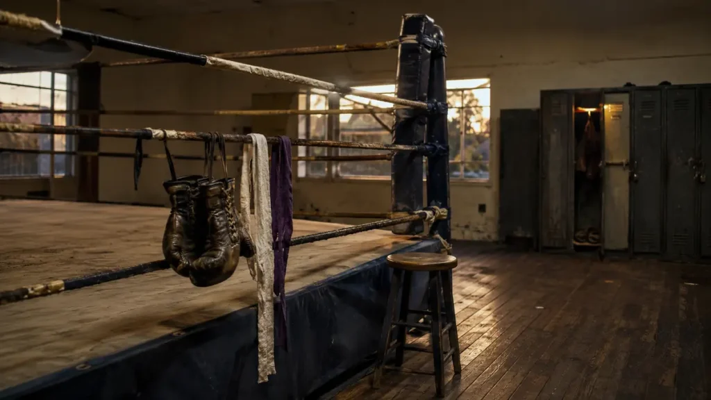 An empty worn boxing gym holds hanging gloves, hand wraps and an open locker after training.