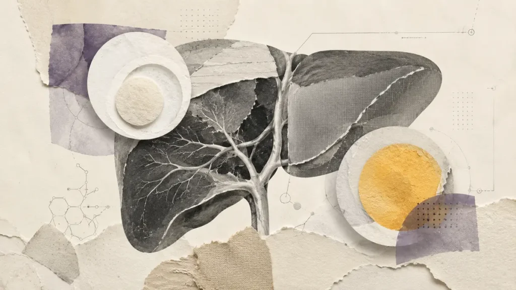 Egg fragments and clinical textures surround a layered liver silhouette, reflecting nutrition’s mixed effects.
