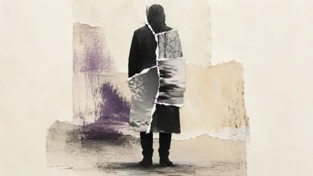 Torn archival fragments reconnect a clothed human silhouette with purple stitching.