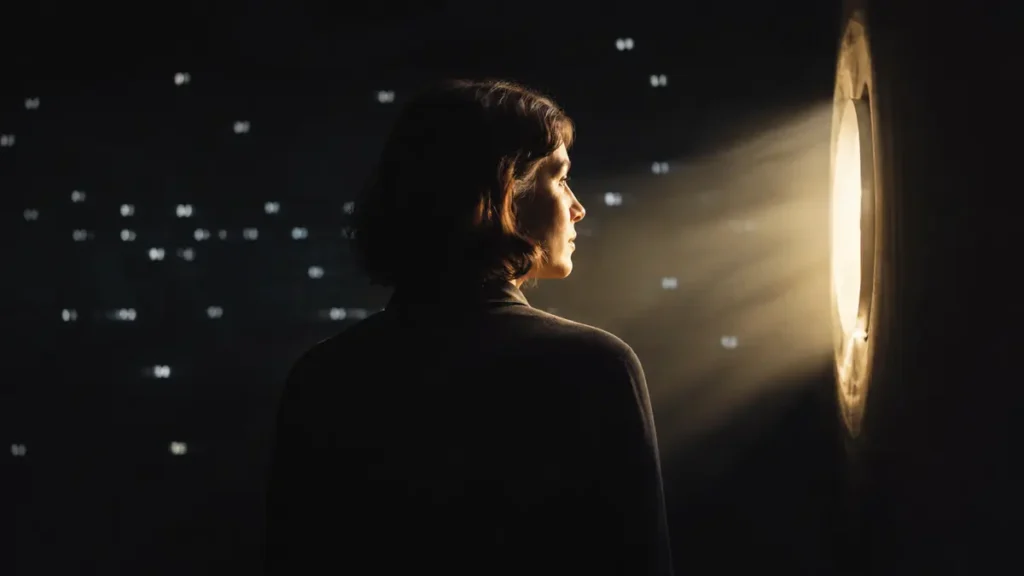 A lone person turns from diffuse lights toward one warm window that clearly illuminates them.