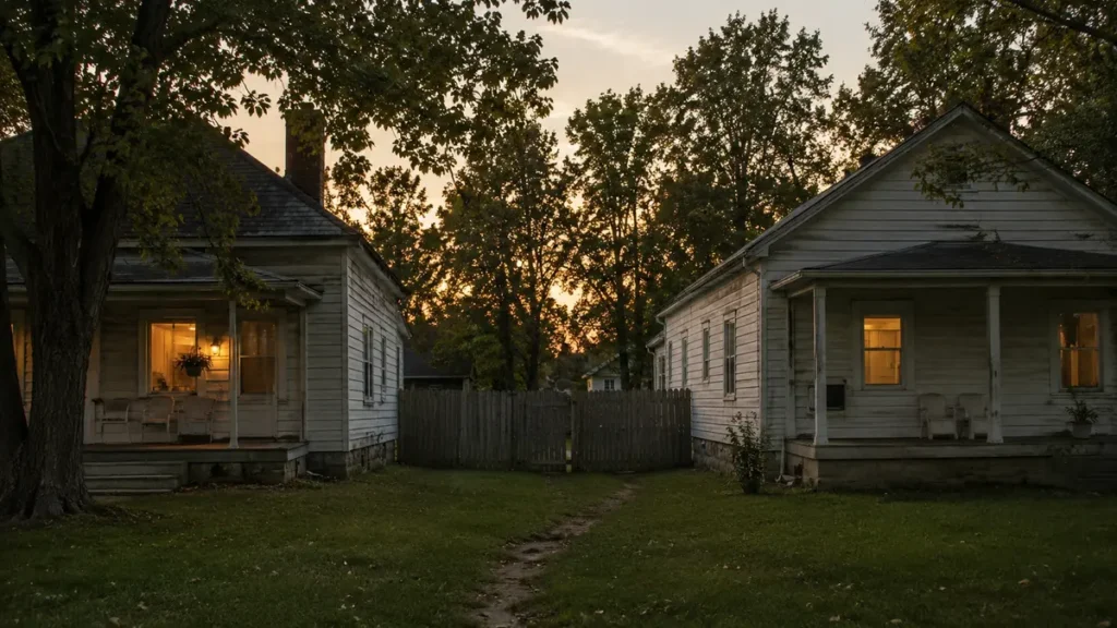 Two neighboring 1950s Ohio homes share a backyard boundary beneath the evening light.