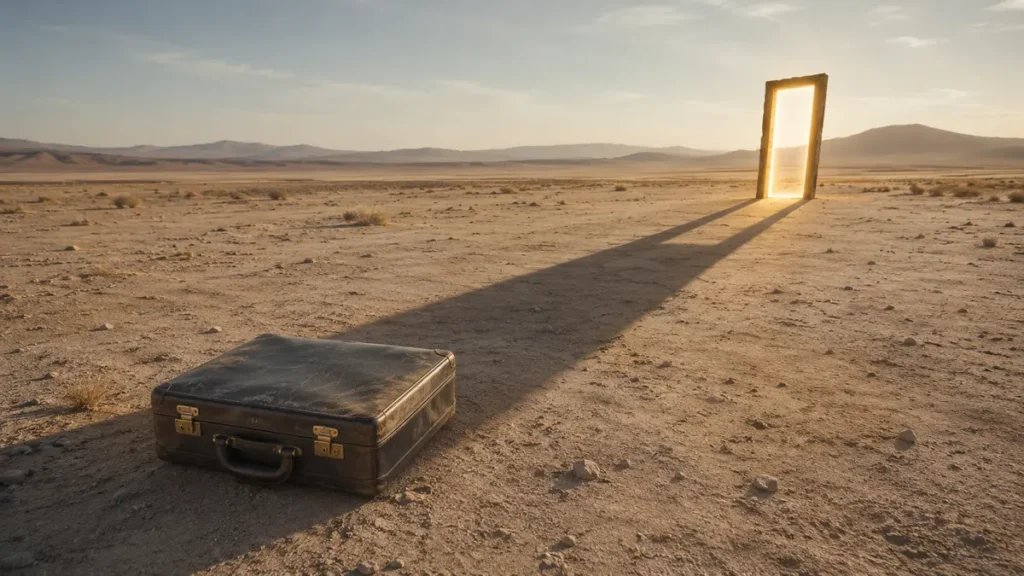A worn legal briefcase casts a shadow that becomes a crooked golden doorway in the desert.