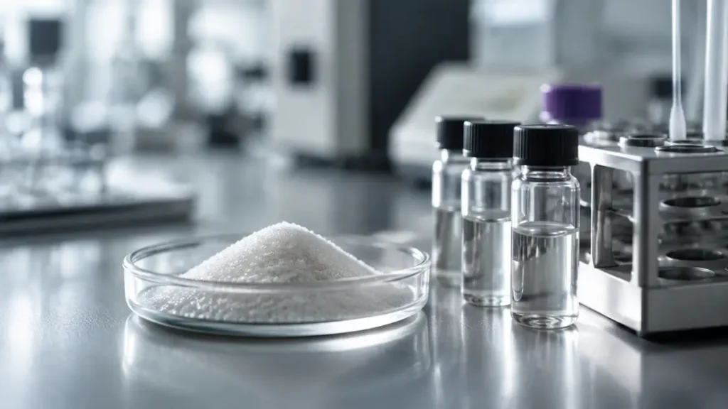Sugar crystals sit beside metabolic assay samples on a quiet laboratory bench.