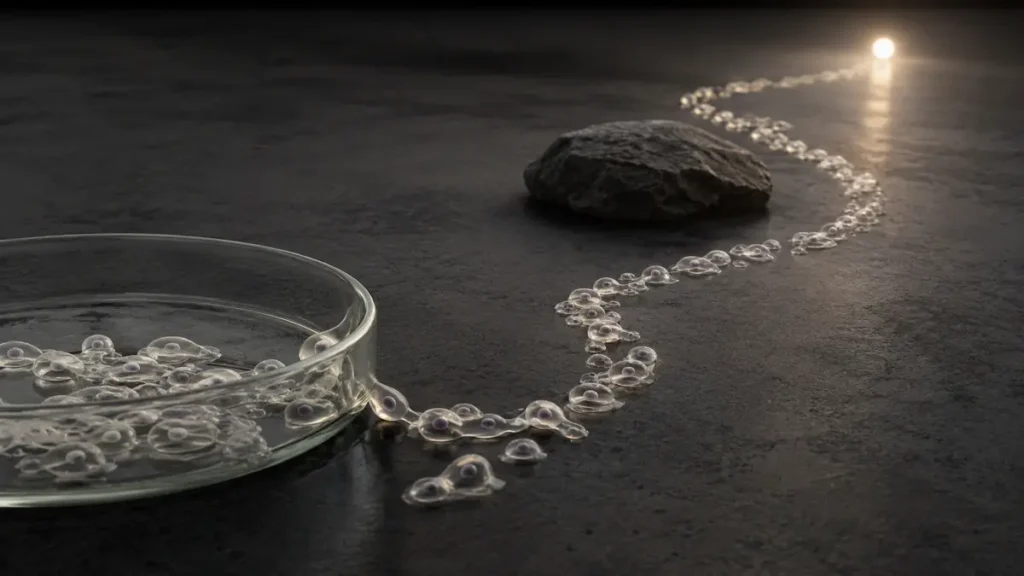 Translucent cells curve around an obstacle toward a distant light, suggesting goal-directed intelligence.