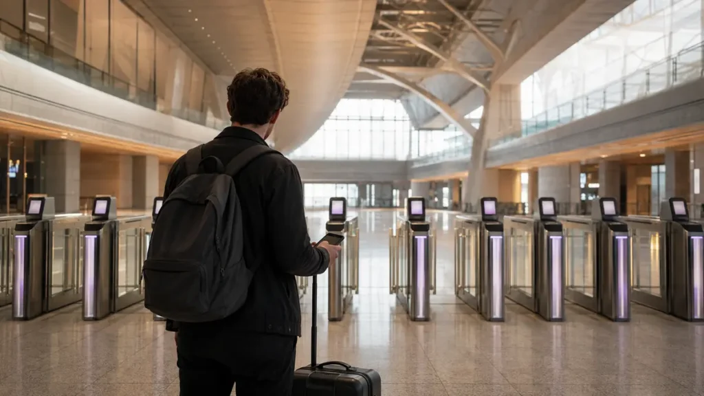 A lone traveler with a suitcase faces closed digital turnstiles in a vast, empty rail terminal.