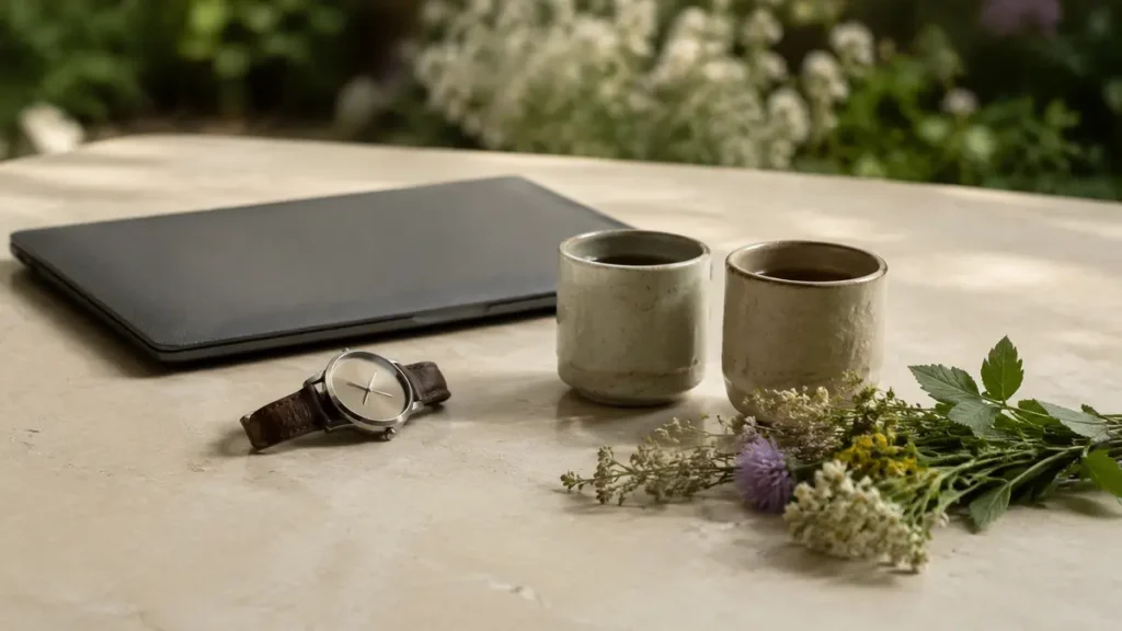 A closed laptop and worn watch sit beside two cups and fresh flowers, contrasting work with time shared.