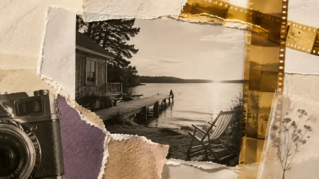 Torn paper, vintage film and a camera frame a quiet lakeside cottage, dock and solitary figure.
