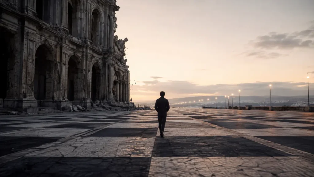 A lone figure crosses a stone grid from a crumbling institution toward an open, illuminated horizon.