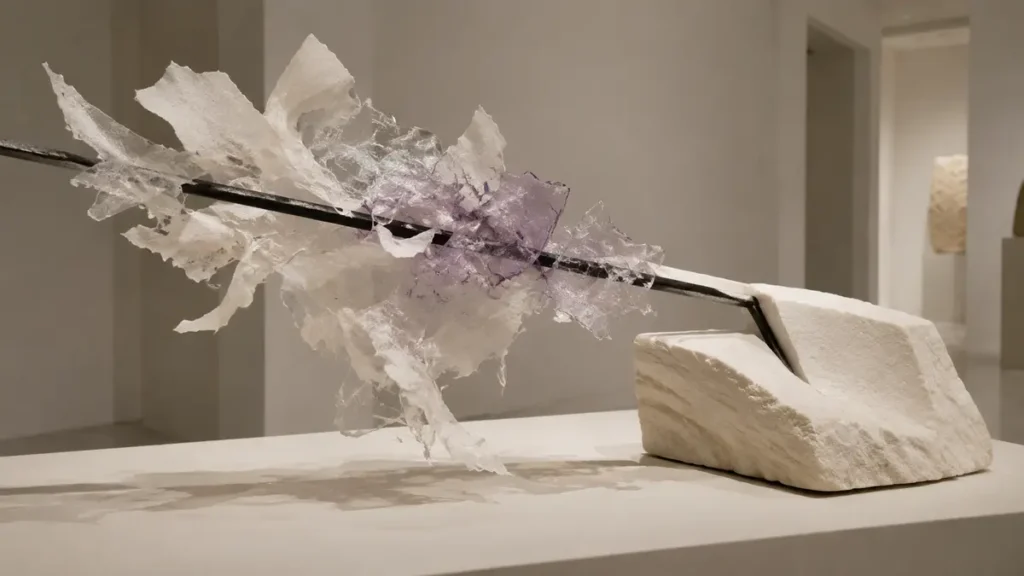 A dark metal line cuts through fractured glass and paper before anchoring in a solid ivory stone.