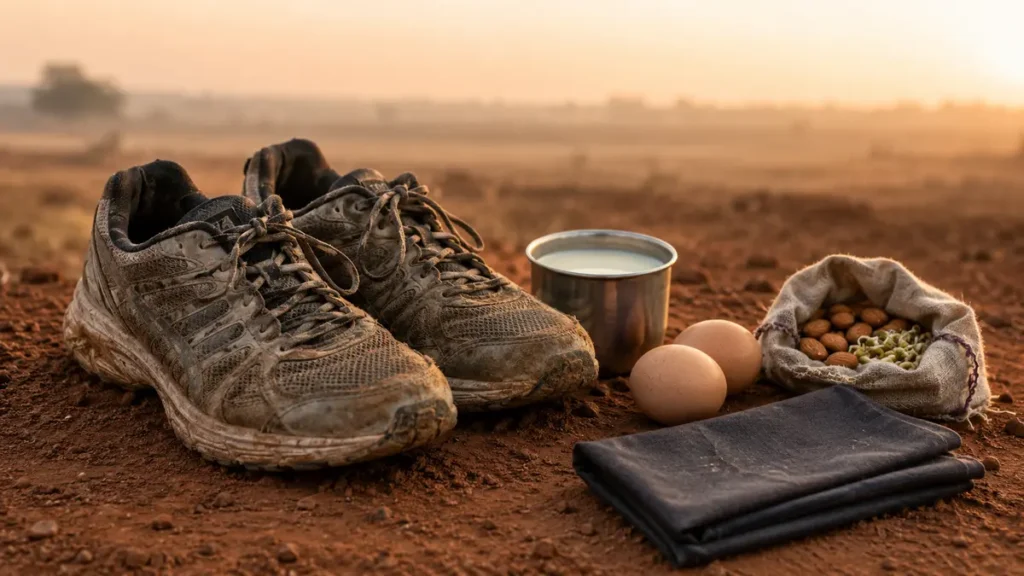 Worn running shoes rest on red earth beside milk, eggs, almonds and sprouts at dawn.