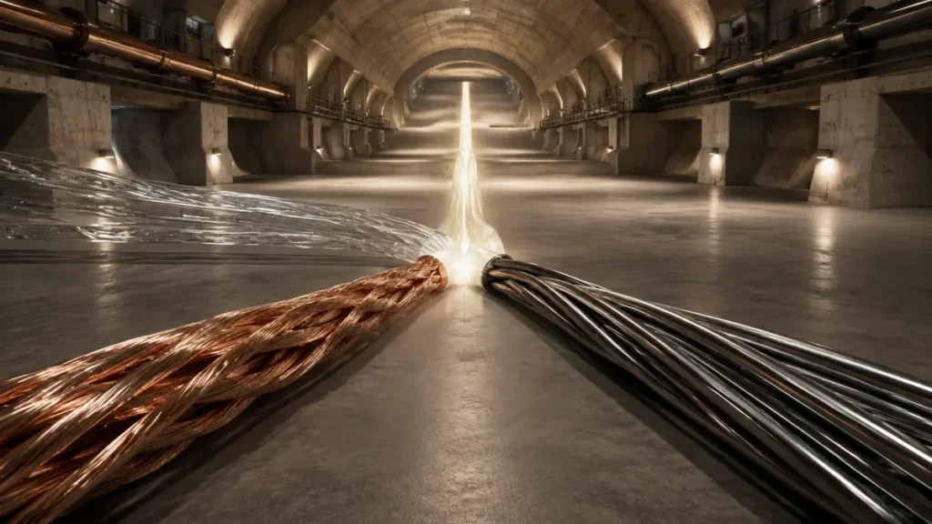Copper, glass and steel strands merge into one filament inside an underground detector hall.