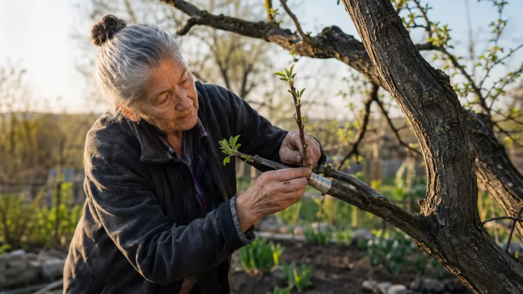 An older woman grafts a young branch onto a mature fruit tree in morning light.