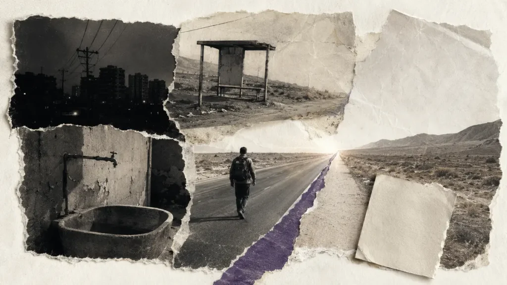 A lone traveller walks toward the horizon through fragments of blackout, drought and empty roads.