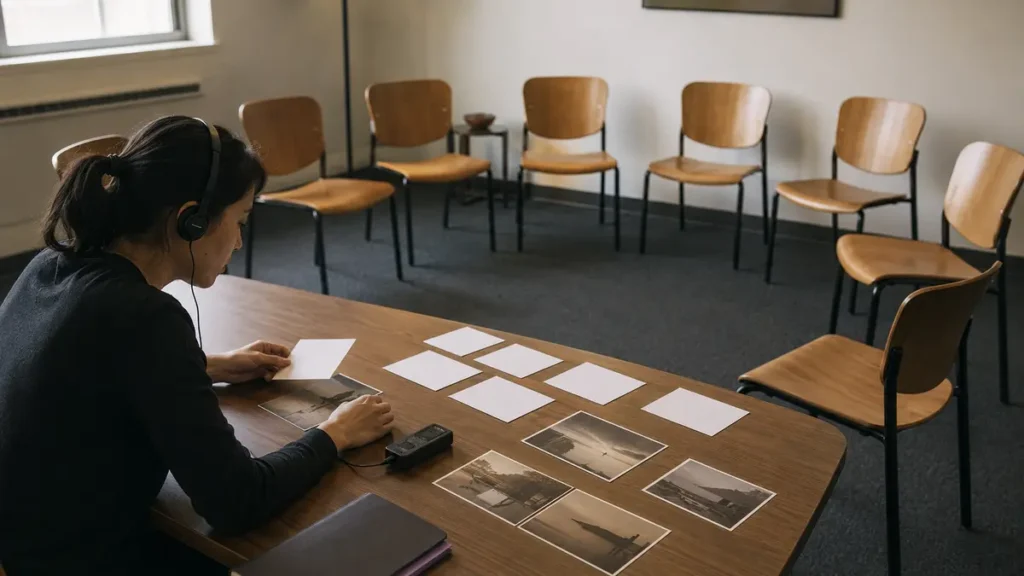 A researcher compares anonymous evidence beside an imperfect circle of empty chairs.