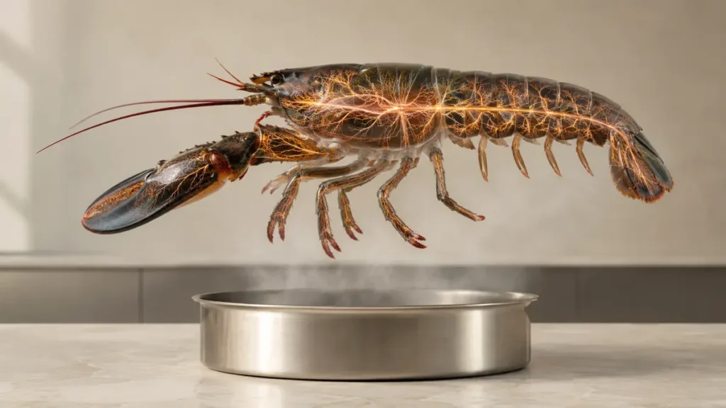 A translucent lobster reveals a branching copper nerve network above a steaming steel vessel.