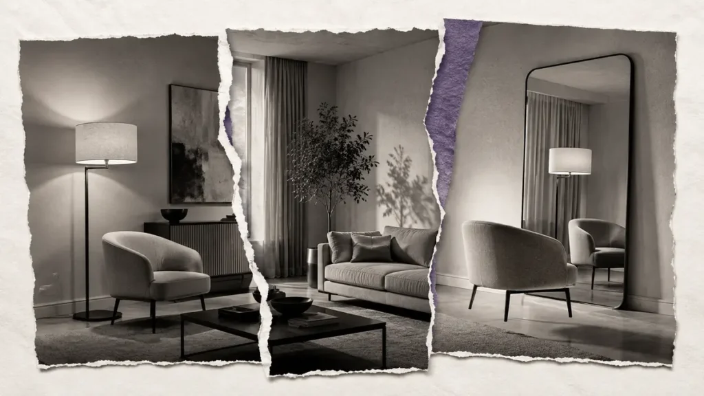 Torn photographs of one room reveal conflicting shadows, reflections and object positions.