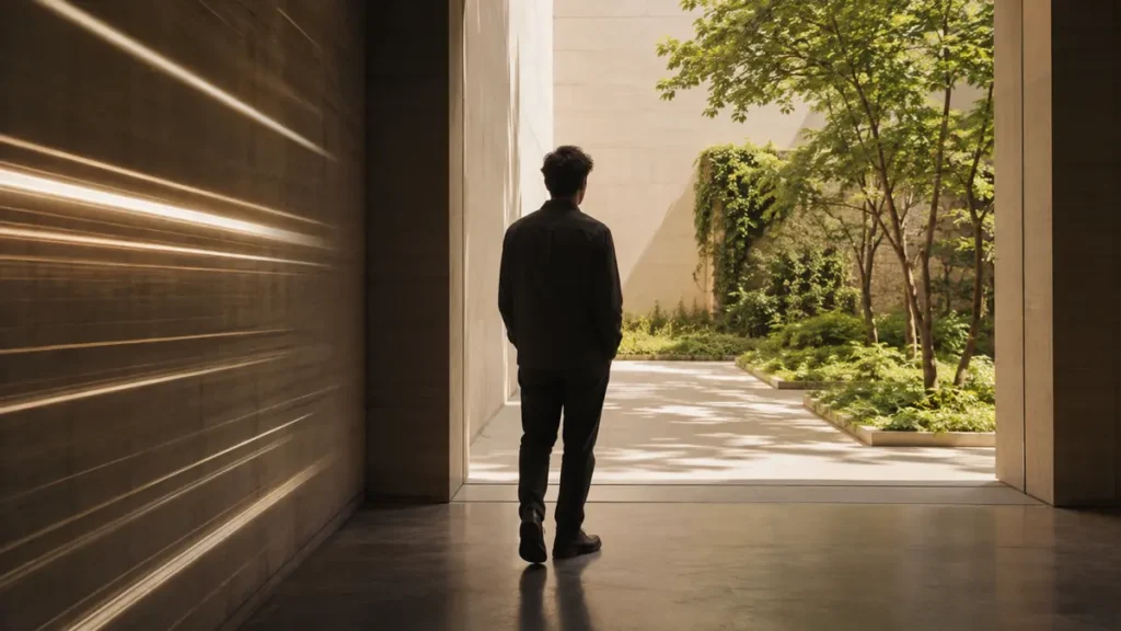 A lone person leaves a rushing corridor of light for a quiet sunlit courtyard.