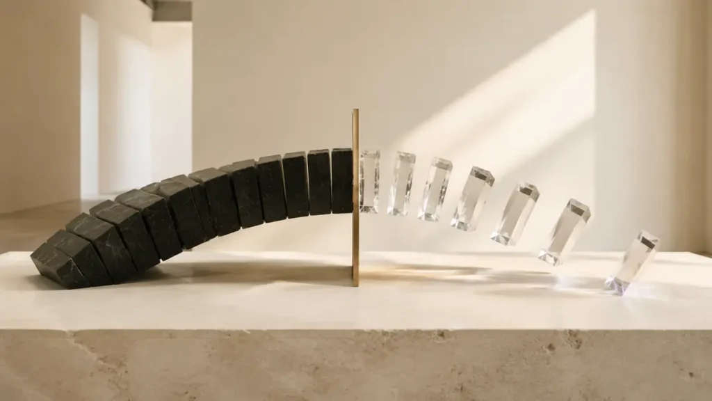 A segmented stone-and-glass arc becomes unfinished beyond a thin brass plane.