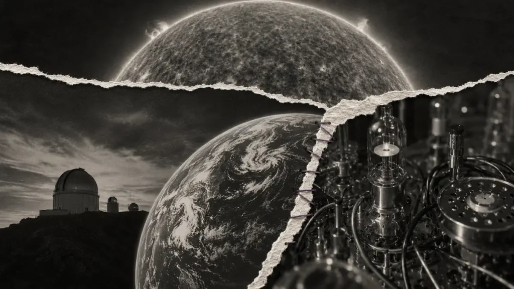Torn fragments of the Sun, Earth and atomic machinery meet at a purple-stitched seam.