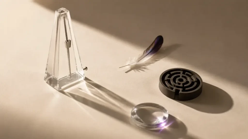 A glass metronome, feather, stone maze and lens cast shadows of different lengths.