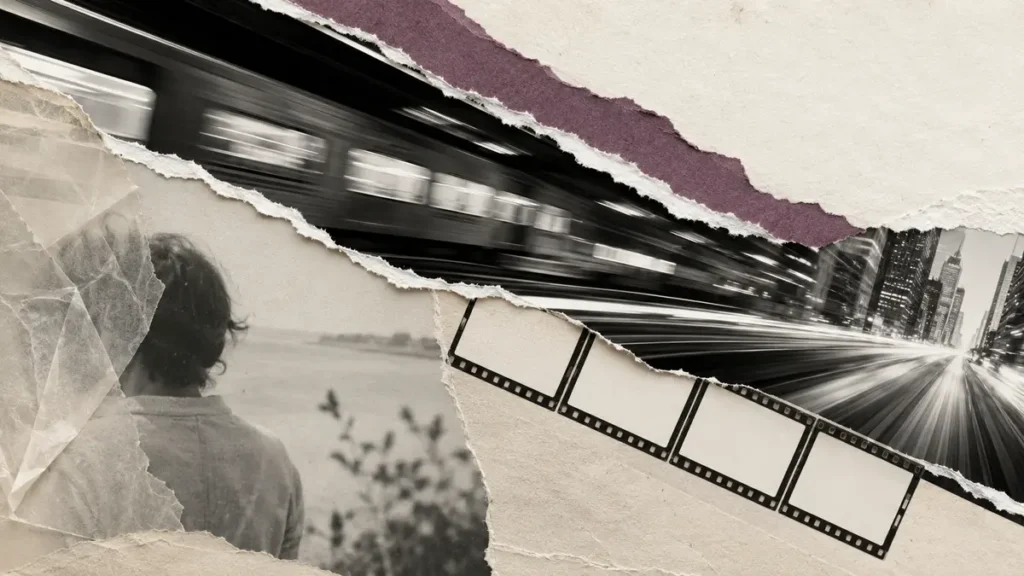 Blurred trains, film frames and city lights tear through a fading archival memory.