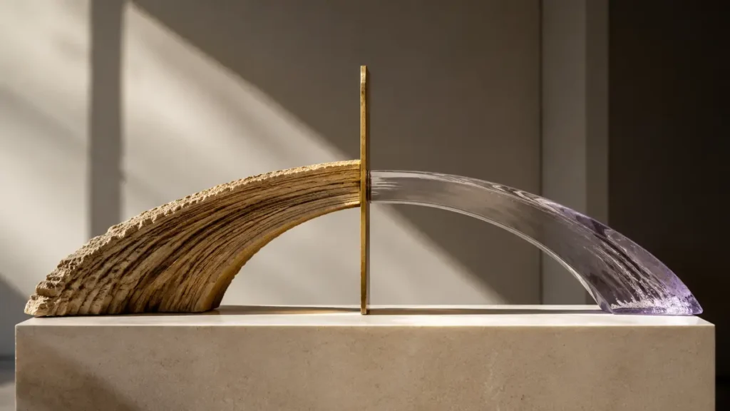 Stone, brass and glass form a timeline sculpture spanning deep history, the present and the future.