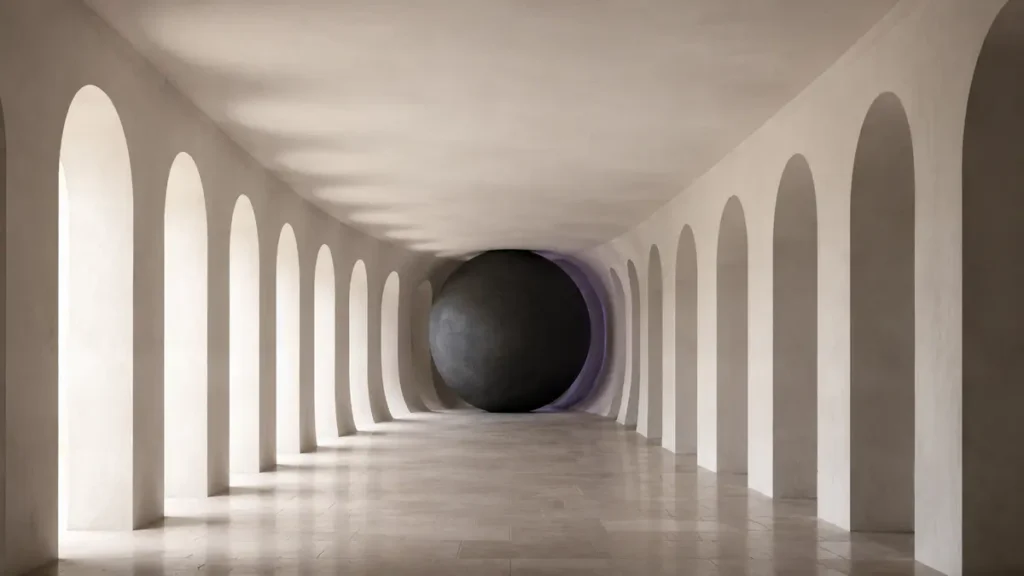 An ivory corridor bends impossibly around a suspended charcoal sphere.