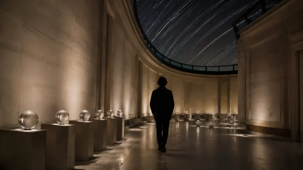 A lone visitor walks from ordered glass spheres toward a scattered observatory installation.