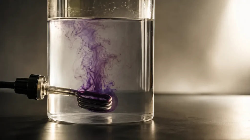 A muted-purple dye plume disperses through warmed water inside a clear laboratory vessel.