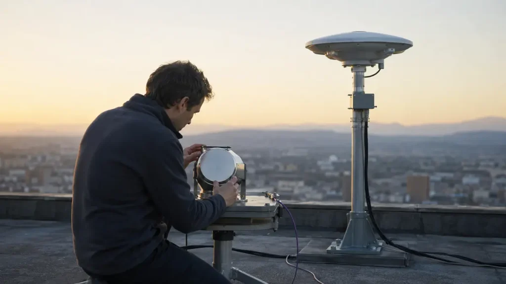 An engineer calibrates a precision clock beside a rooftop GPS antenna at dawn.