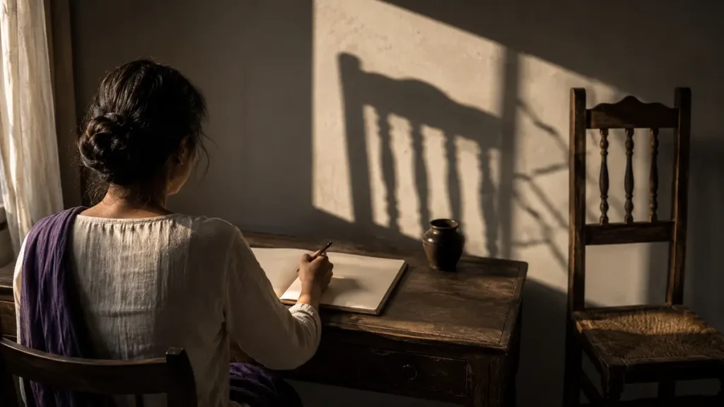 A woman writes beside an empty chair casting protective and fractured shadows across the wall.
