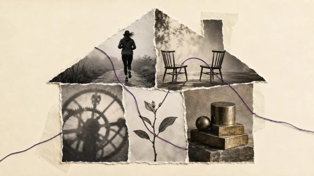 Five archival fragments form a house connecting health, relationships, time, growth and resources.