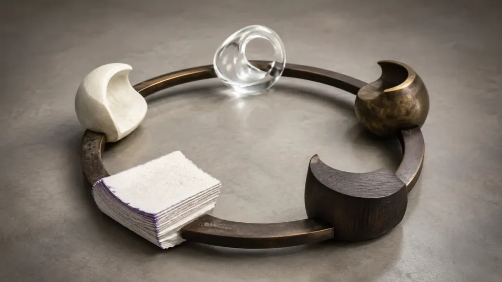 Five stone, glass, bronze, paper and wood forms create a continuous circular daily rhythm.