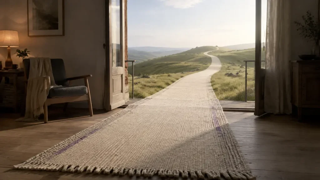A woven apartment rug transforms into a sunlit path across a vast natural landscape.