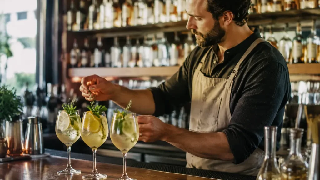A bartender prepares citrus-and-herb alcohol-free spritzes as spirit bottles blur behind him.