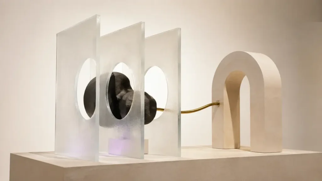 Frosted glass layers reveal a dark form connected by brass to an open ivory arch.