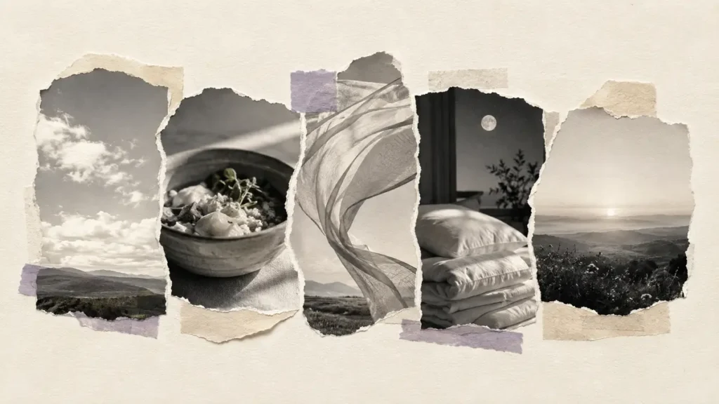 Five torn-paper scenes combine air, food, movement, sleep and purpose into one calm landscape.