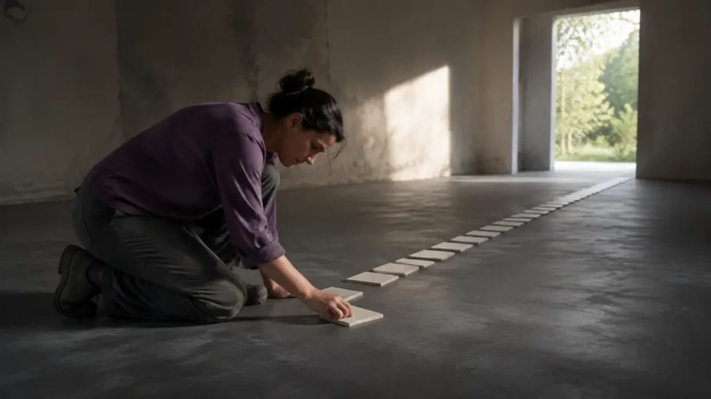 A woman places small ivory tiles into a path leading across a dark floor toward an open doorway.