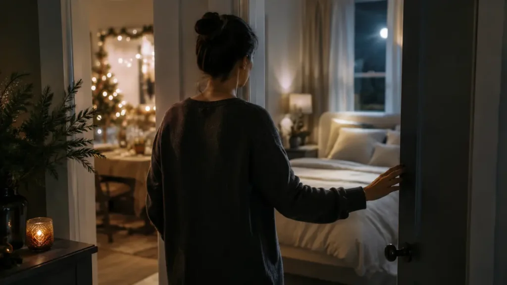 A woman closes the door on holiday lights and turns toward a calm, moonlit bedroom.