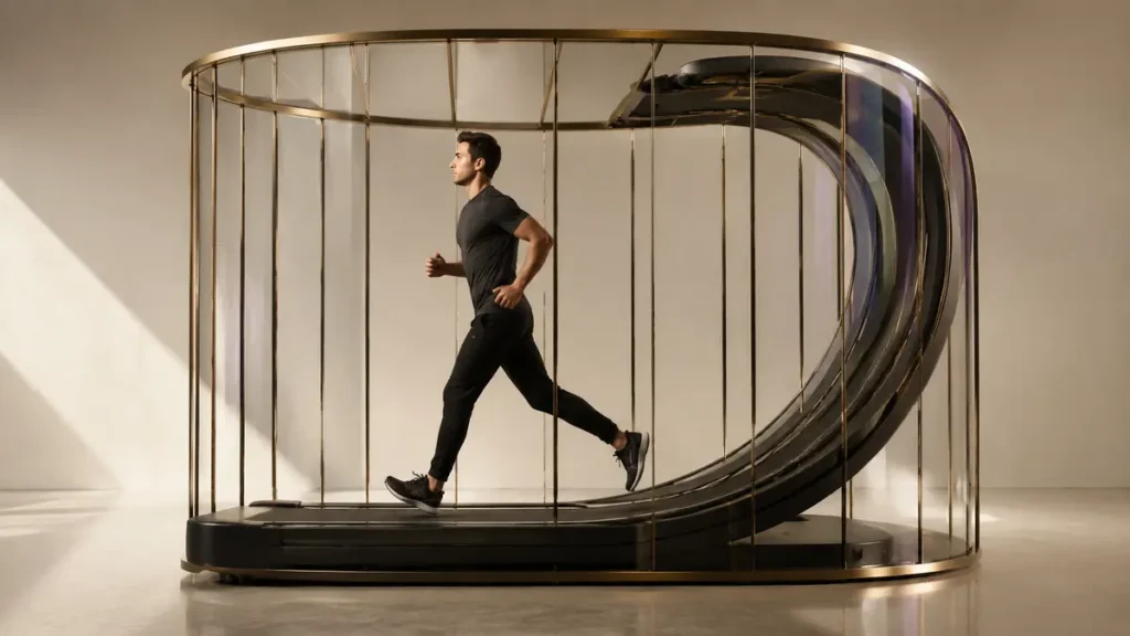 A runner’s treadmill becomes the elegant cage surrounding him, symbolizing hustle culture’s false freedom.