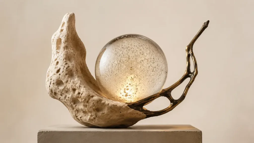 A glowing glass sphere rests between porous stone and branching bronze, evoking the nature of life.