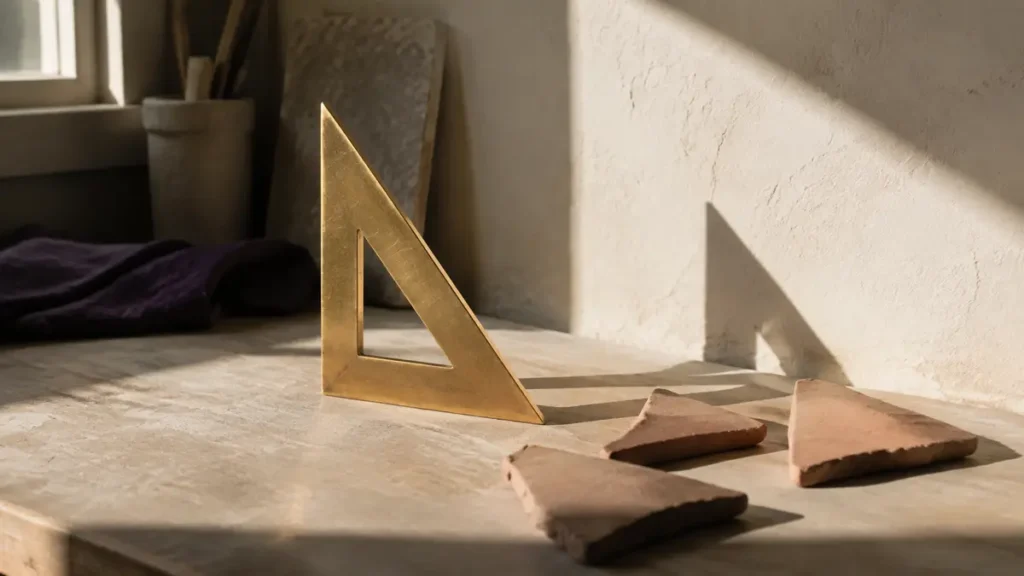 A precise brass triangle and imperfect clay forms cast contrasting shadows on a sculptor’s bench.