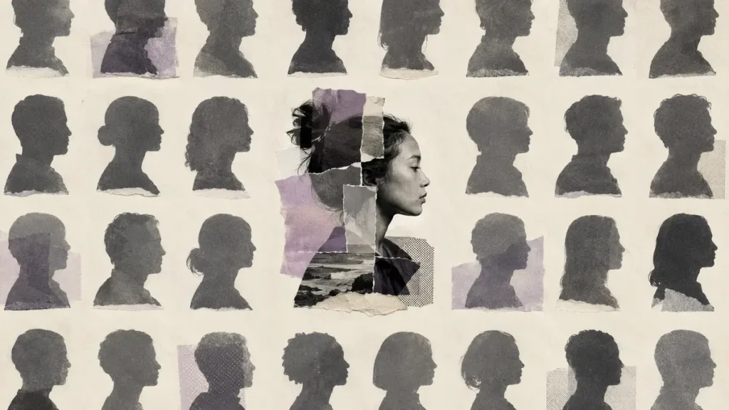 One layered portrait breaks a field of repeated silhouettes, challenging assumptions about individuals.