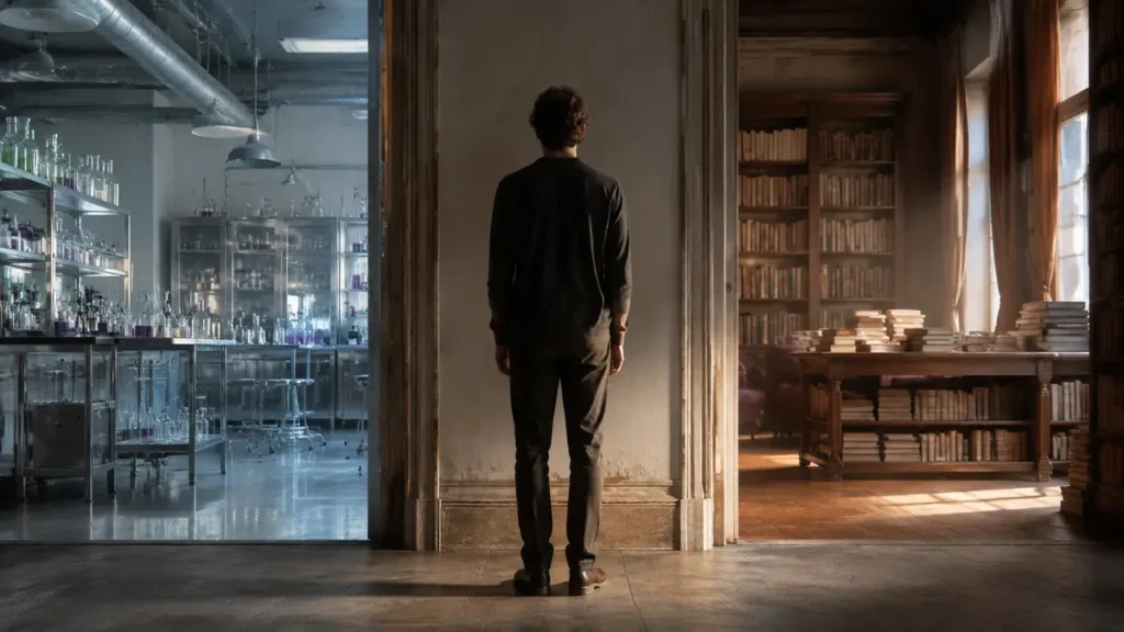 A lone person stands between a cool laboratory and a warm library, embodying two cultures in conflict.