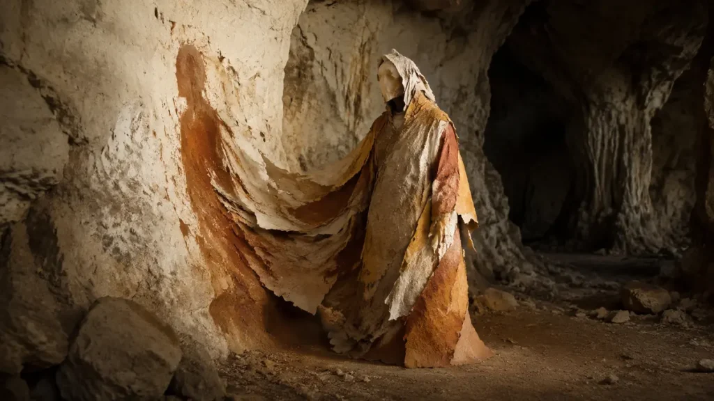 A faceless paper-and-ochre figure emerges from a cave wall, suggesting art shaping humanity.